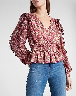 Metallic Floral Ruffle Wrap Front Peplum Top | Express