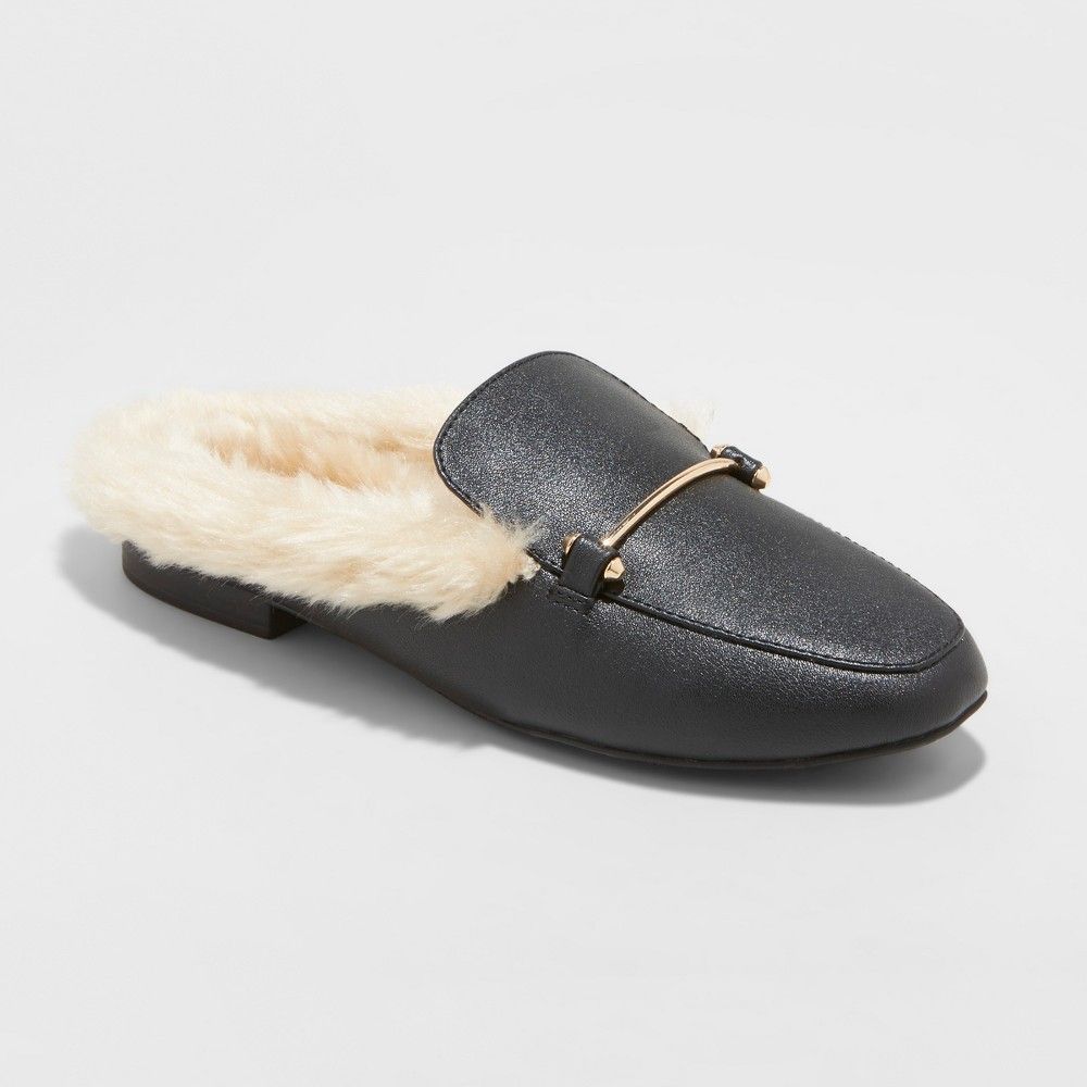 Women's Rebe Faux Leather Fur Backless Mules - A New Day Black 9.5 | Target
