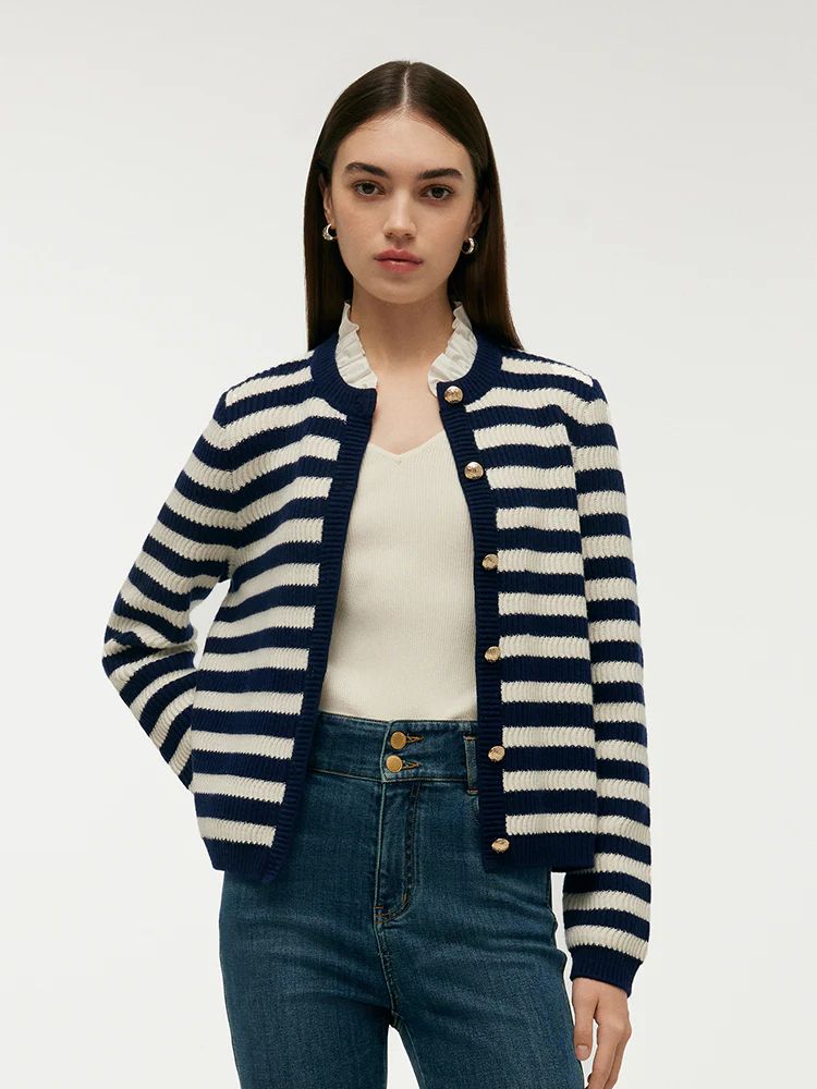 Blue And White Stripe Women Cardigan With Detachable Ruffle Collar | GOELIA