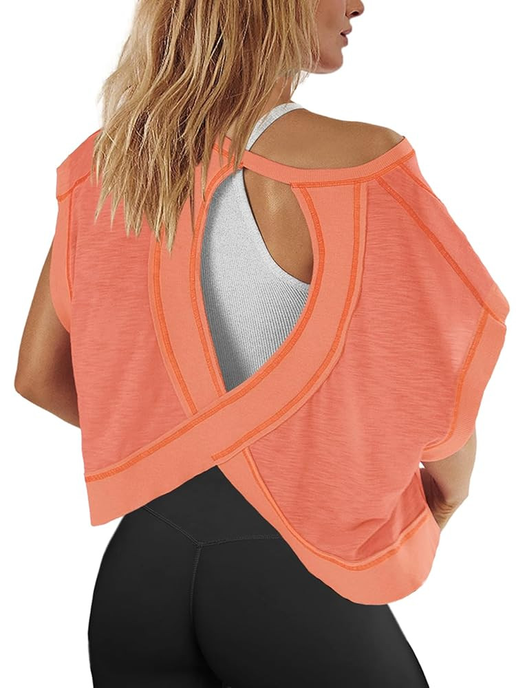 Panadila Womens Open Back Workout Top Oversized Workout T Shirts Backless Athletic Shirt Short Sl... | Amazon (US)