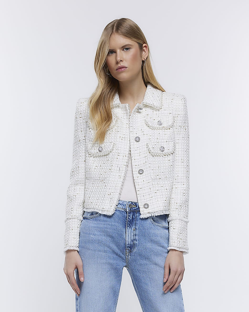 River Island Womens Cream Boucle Embellished Jacket | River Island (UK & IE)