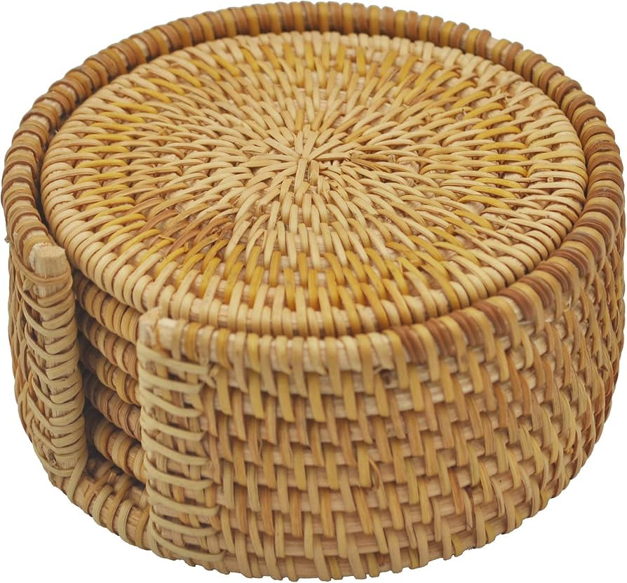 Set 6 Pcs with Holder Handwoven Rattan Coasters - Cup Base Plates & Dishes Insulated Hot Pads Pot... | Amazon (US)