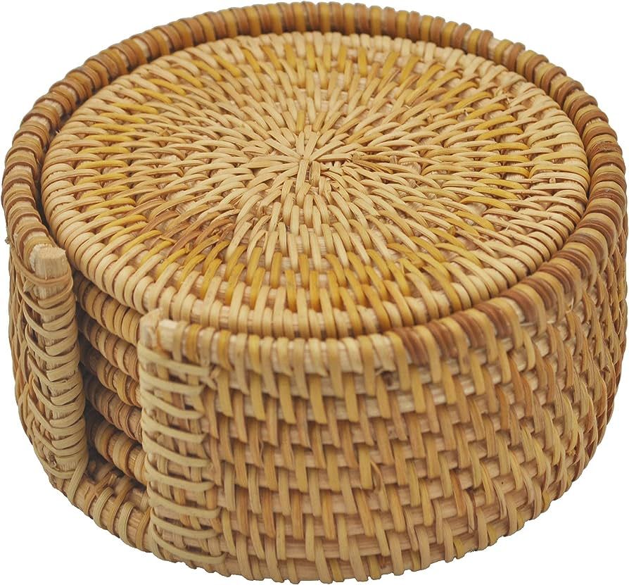 Amazon.com: Set 6 Pcs with Holder Handwoven Rattan Coasters - Cup Base Plates & Dishes Insulated ... | Amazon (US)