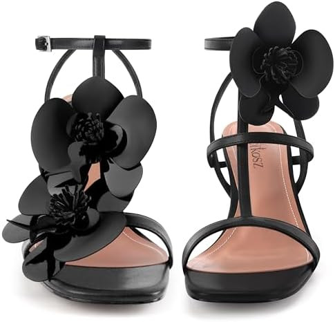 Floral High Heels Womens Strappy Sandals Wedding Bride Dressy Shoes Open Toe Ankle Strap Sandals | Amazon (US)