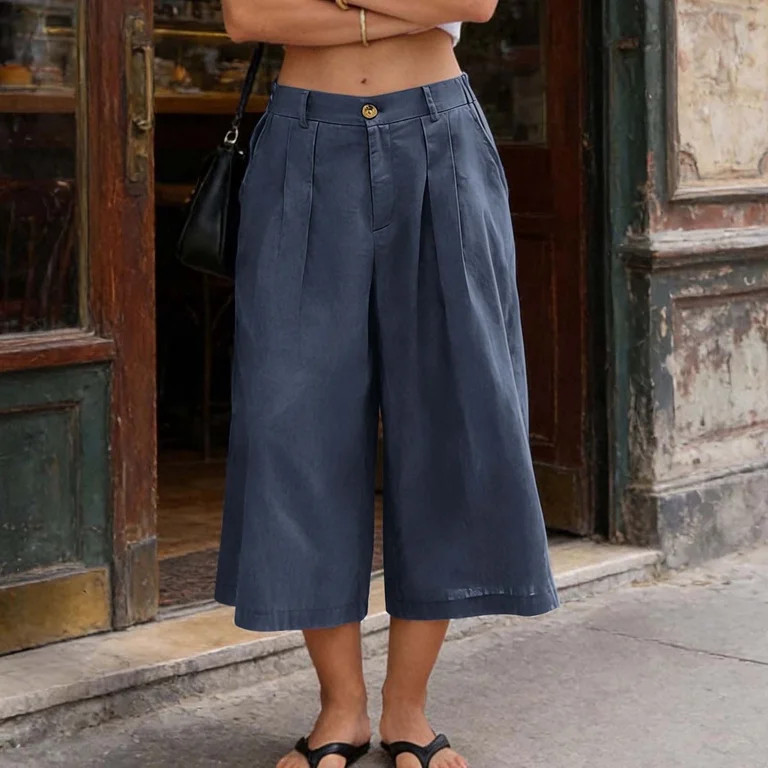 Tqcoqu Cargo Capris for Women,High Waist Wide Leg Pants,Casual Pleated Front Culottes with Pocket... | Walmart (US)