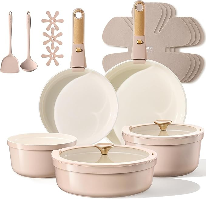 CAROTE 18 Pcs Ceramic Cookware Set Titanium Nonstick with Detachable Handles, Non Toxic Cookware,... | Amazon (US)