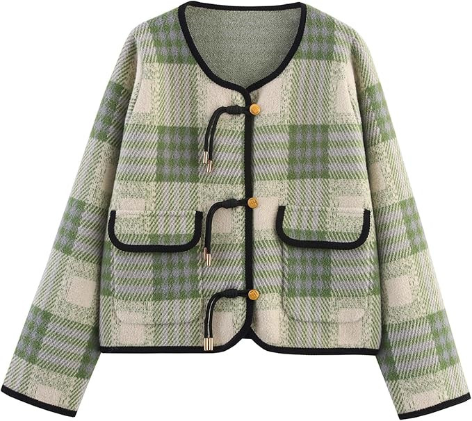 HOULENGS Women's Vintage Button Down Cardigan Sweater Plaid Print Long Sleeve Knit Coat Fall Fash... | Amazon (US)