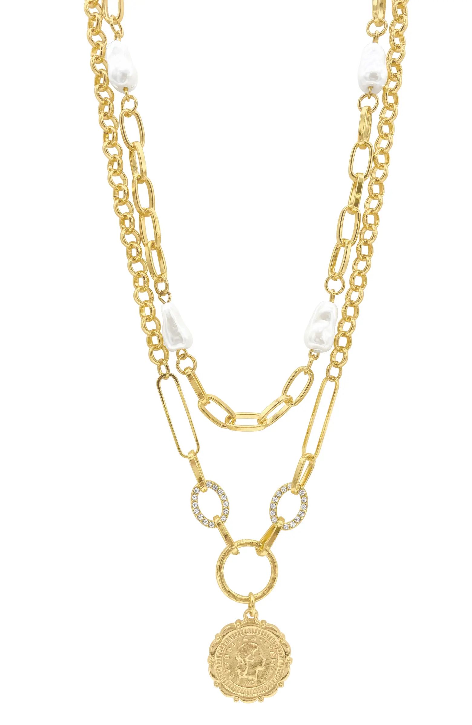 Imitation Pearl & Coin Pendant Water Resistant Layered Necklace | Nordstrom Rack