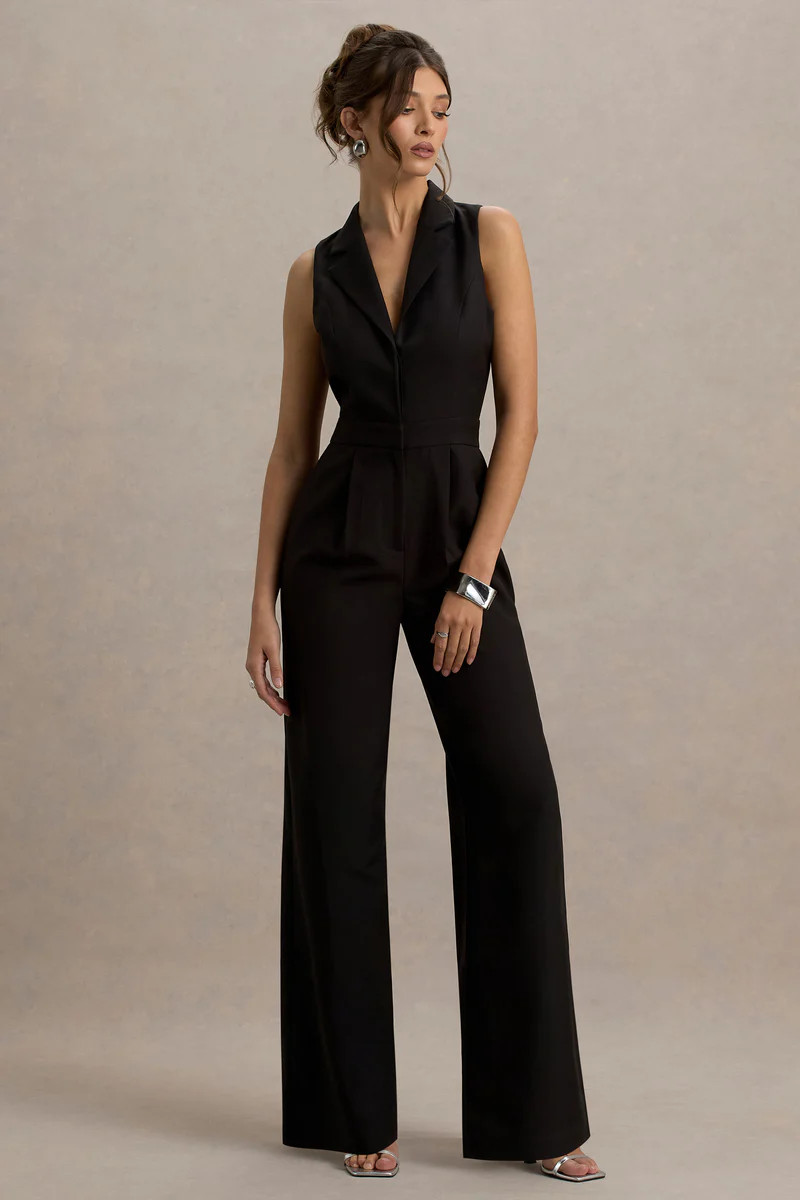 Trixie  Black Plunge-Neck Tailored Jumpsuit | Club L London