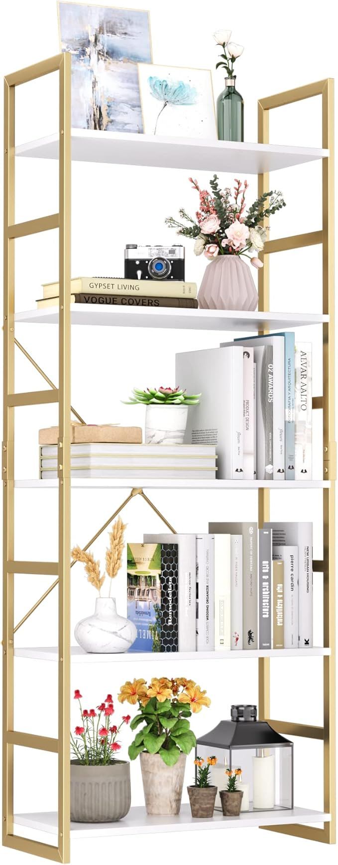 FINETONES 5 Tier Bookshelf, Industrial Gold Bookcase with Metal Frame, Modern Display Shelves Pla... | Amazon (US)