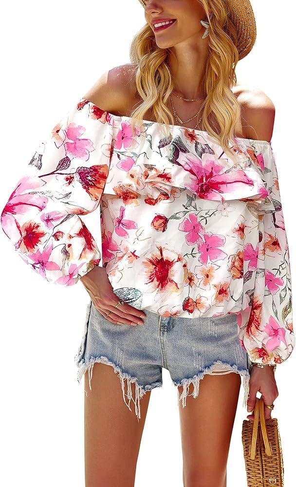 Hibluco Women Sexy Off Shoulder Tops Ruffle Blouse Puff Sleeve Shirts | Amazon (US)