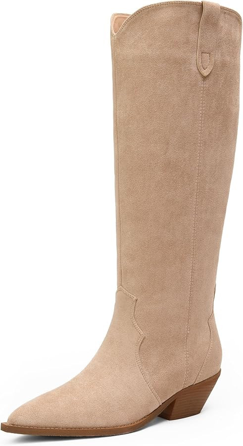 iiimmu Women's Knee High Cowboy Boots Faux Suede Western Cowgirl Boots with 2 IN Chunky Heel Poin... | Amazon (US)