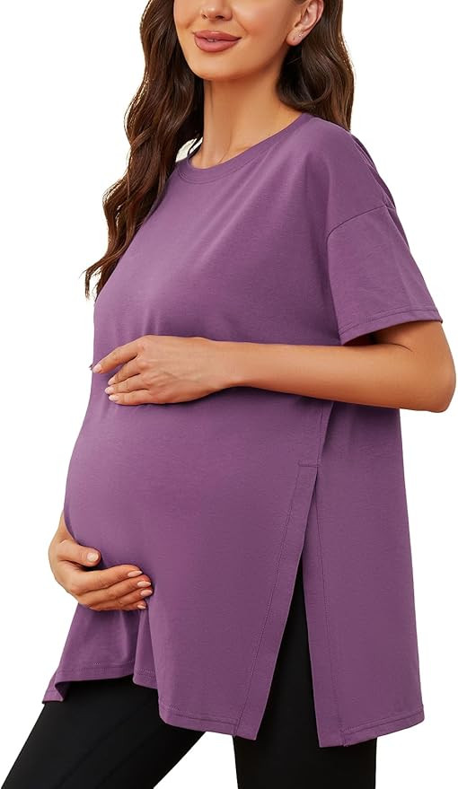 Ecavus Women's Casual Maternity Shirts Split Side Pregnancy Tops Blouses Short Sleeve Loose Fit M... | Amazon (US)