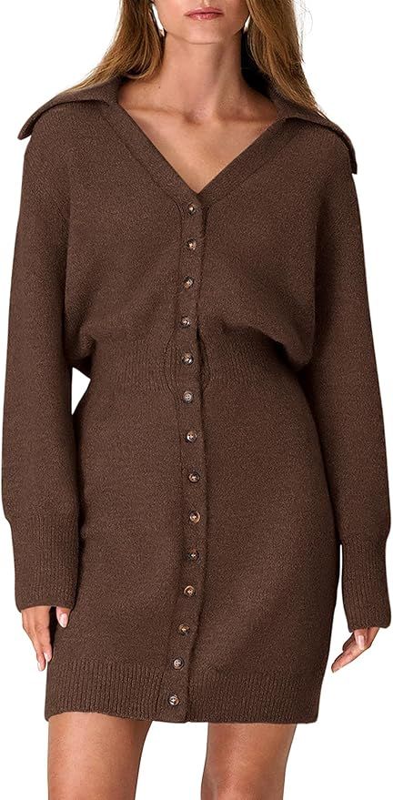 PRETTYGARDEN Womens Fall Sweater Dress Long Sleeve V Neck Button Down Knit Pullover Short Dresses | Amazon (US)