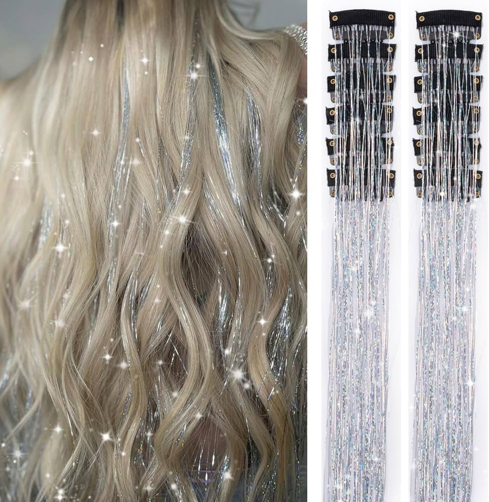 Silver Hair Tinsel 12Pcs Clip in Hair Tinsel Kit 20.5 Inch Fairy Hair Tinsel Kit Heat Resistant S... | Amazon (US)