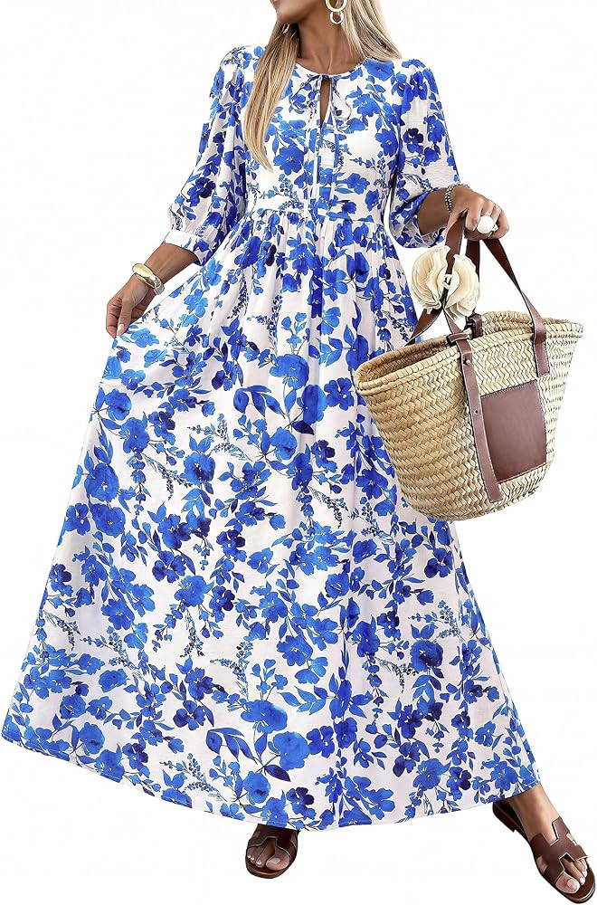 KIRUNDO Women Summer Beach Vacation Wedding Guest Dresses 2026 Spring Boho Floral 3/4 Sleeve Loos... | Amazon (US)
