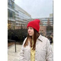 Red Merino Wool Beanie, Hand Knitted Ribbed Winter Hat, Warm Unisex Slouchy Beanie Cozy Bright Women Fall Handmade Men Knitwear | Etsy (US)