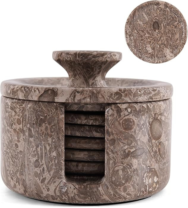 Marble Coasters Set of 6 for Drinks 3.5” Inches Oceanic Round Stone Drink Coaster Set with Hold... | Amazon (US)