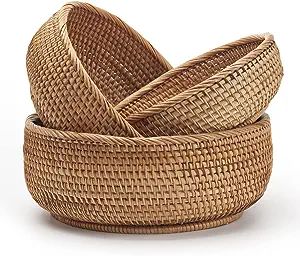 Round Rattan Fruit Baskets Woven Storage Bowls Key Holder Stackable for Shelf Kitchen Tabletop Na... | Amazon (US)