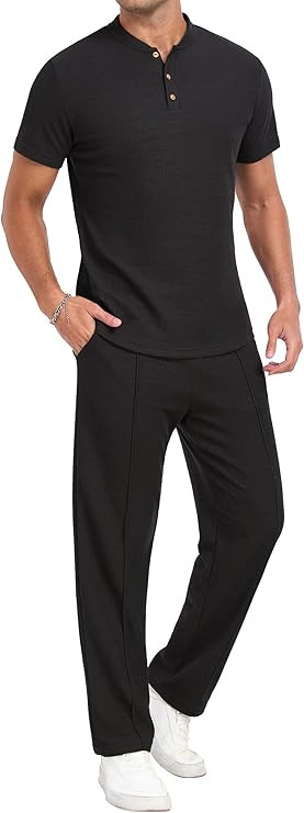 PrinStory Men's Short Sleeve Outfits Waffle Knit Henley Shirt and Pants Set Casual 2 Pieces Summe... | Amazon (US)