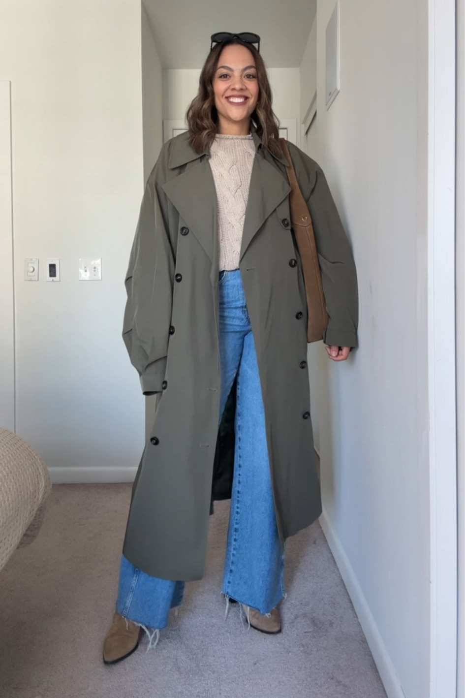 Easy fall outfit!

-The Frankie Shop Olive trenchcoat, similar linked.
-Beige cable knit sweater, similar linked.
-Amo denim medium wash wide leg jeans, I have a size 29. Similar & more affordable denim also linked.
-Suede ankle boots, similar linked.
-Coach tan suede shoulder bag, similar also linked.
-Celine Triomphe sunglasses.


#LTKautumn #LTKcanada #LTKstyletip