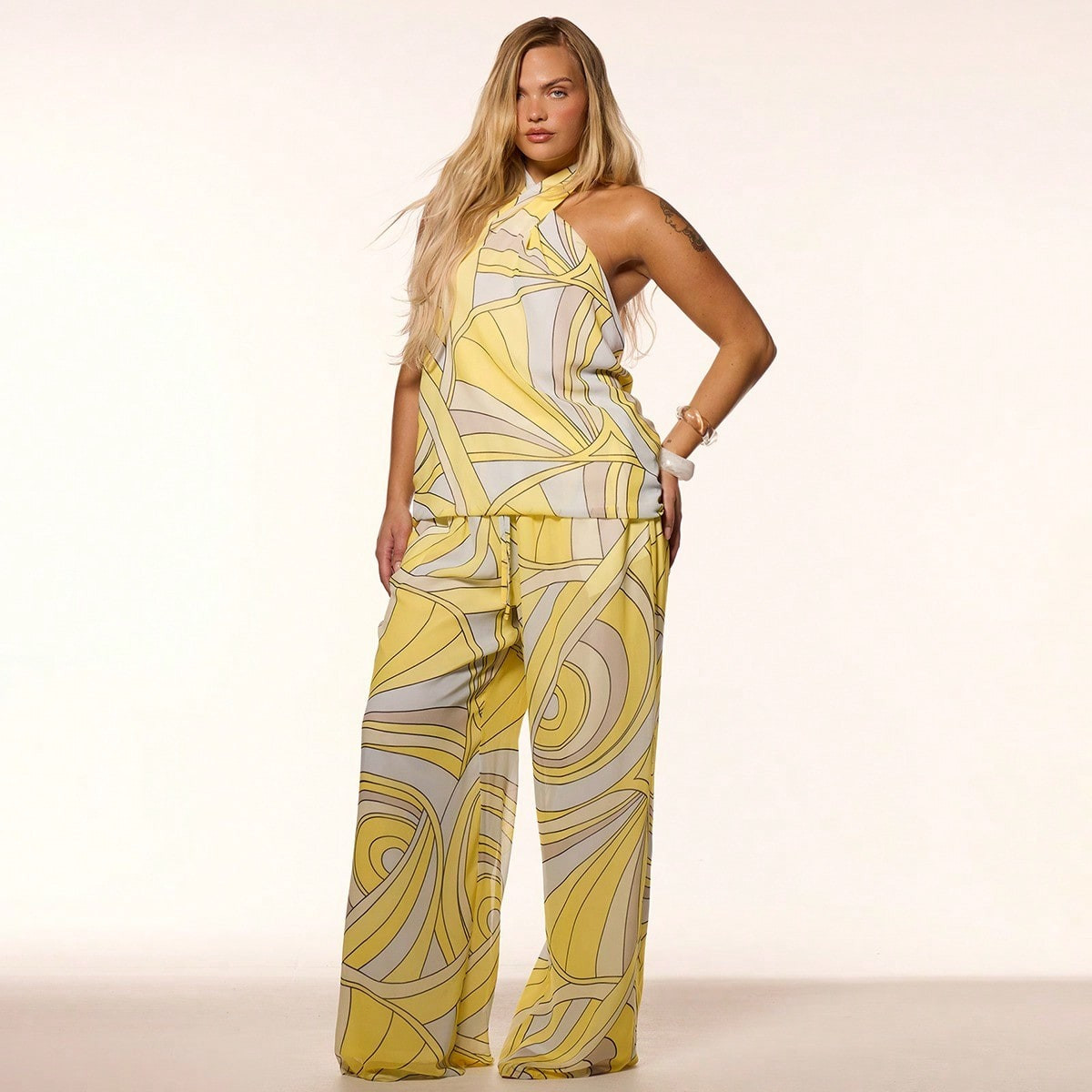 MUSERA Plus Size Printed Mesh Tie Waist Wide Leg Lined Trousers Spring Summer Vacation Holiday Beach Pool Sexy Y2k Cute Limonada | SHEIN