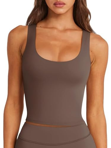 LASLULU Womens Longline Sports Bras Workout Yoga Gym Athletic Tops Clothes Shirts Camisole Padded Crop Tank Tops with Built in Bra (Coffee, Small) | Amazon (US)
