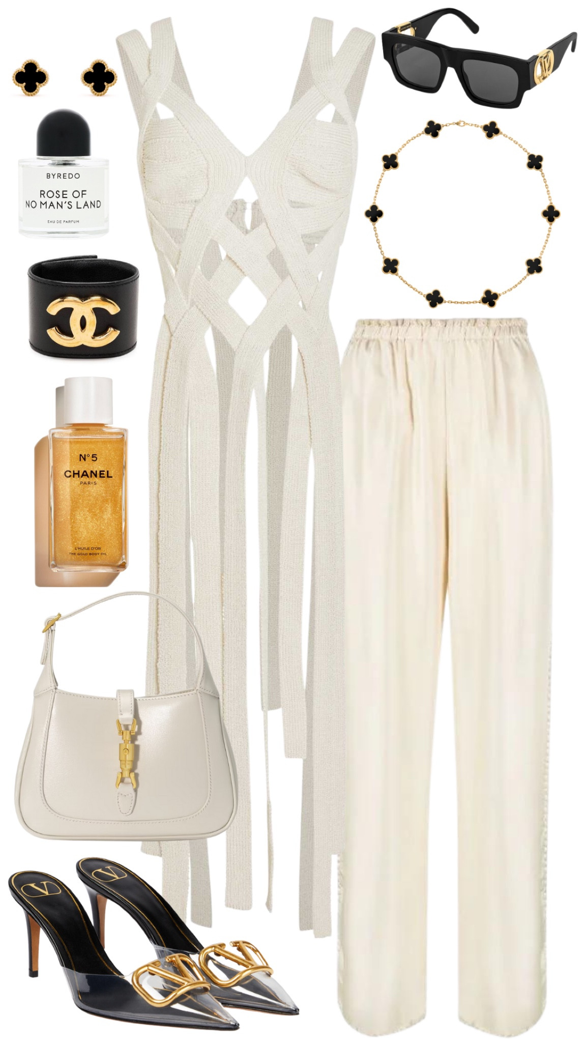 cult gaia top 
toteme pants 
valentino mules 
gucci jackie bag 
louis vuitton sunglasses 
chanel bracelet 
van cleef & arpels vintage alhambra necklace and earrings in black onyx 
chanel body oil 
byredo rose of no man’s land perfume 

#LTKstyletip #LTKSeasonal #LTKFind