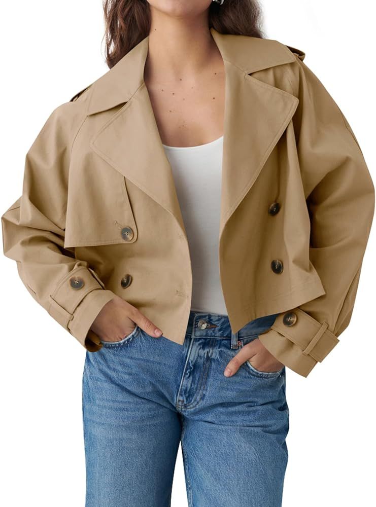 Tankaneo Womens Cropped Trench Coat Lapel Double Breasted Short Jacket Outwear with Pockets | Amazon (US)