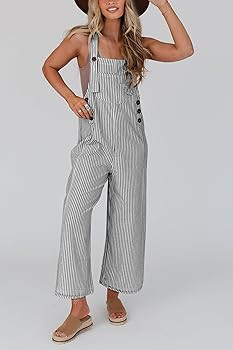 PRETTYGARDEN Overall Jumpsuit For Women 2024 Summer Casual Wide Leg Sleeveless Button Striped Jum... | Amazon (US)