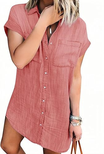 Zilcremo Women Denim Shirt Dresses Short Sleeve Distressed Jean Dress Button Down Casual Tunic To... | Amazon (US)
