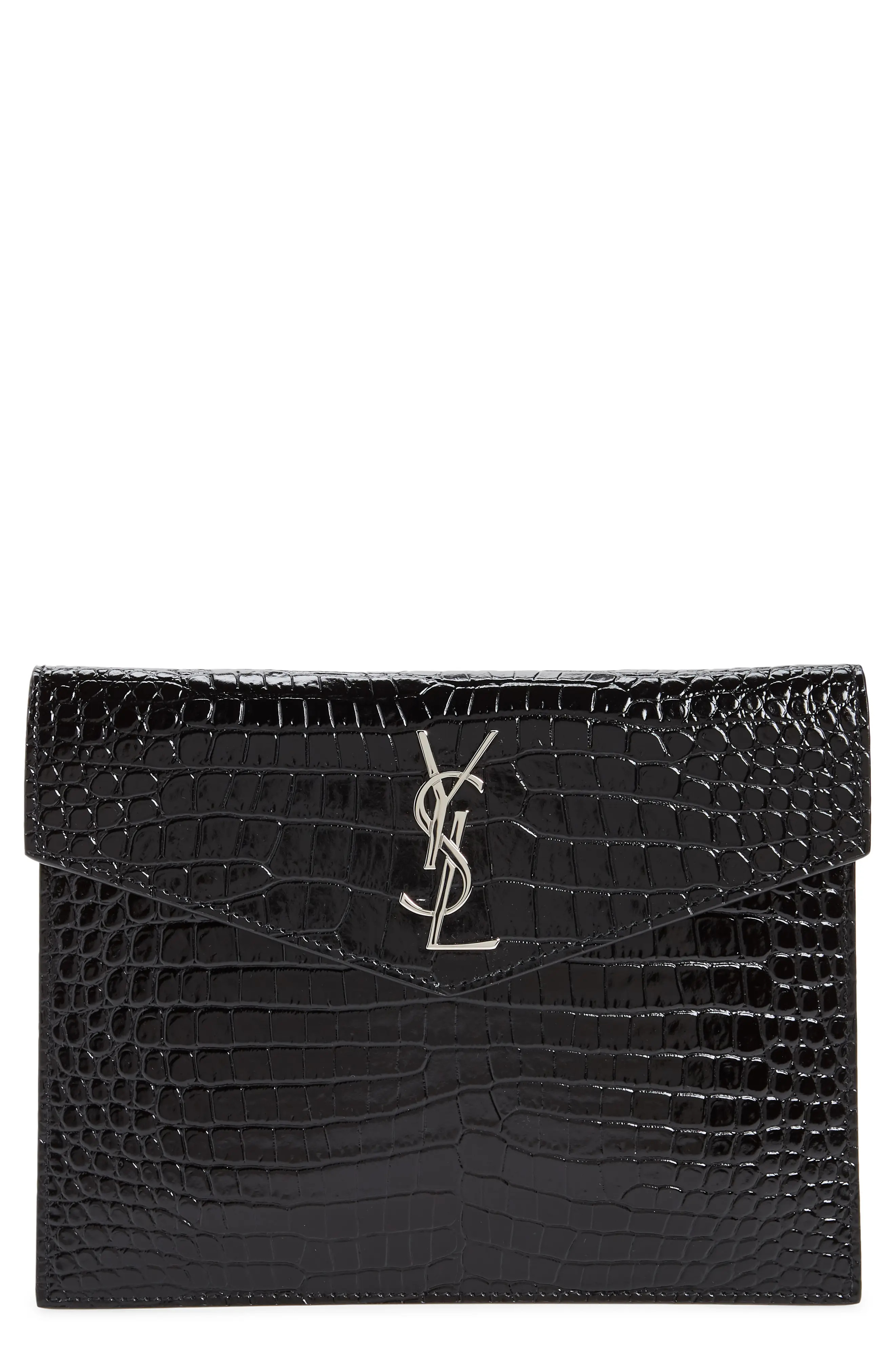 Saint Laurent Uptown Croc Embossed Leather Baby Pouch - Black | Nordstrom