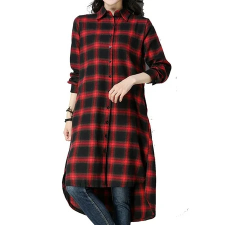 Avamo Women Plaid Blouses Tops Long Sleeve High Low Button Down Shirts Tunic Top Kimono Cardigan Lon | Walmart (US)