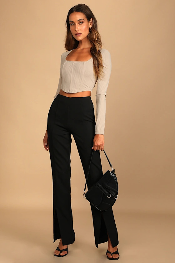 Flair for the Flirty Beige Ribbed Long Sleeve Bustier Crop Top | Lulus (US)