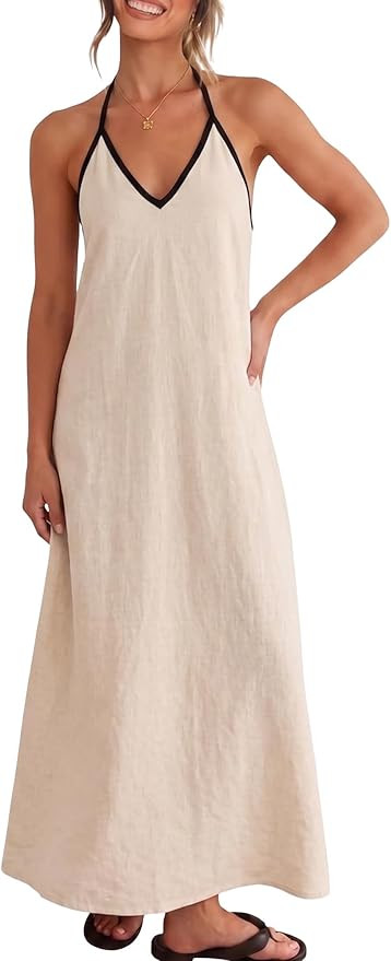 ELLEVEN Linen Halter Neck Maxi Dress for Women – Backless Boho Vacation Long Dress with Adjusta... | Amazon (US)