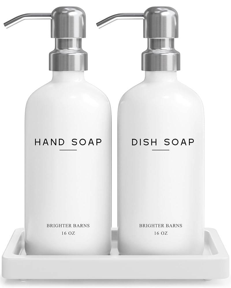 White Glass Hand and Dish Soap Dispenser Set by Brighter Barns - Kitchen Soap Dispenser Set with ... | Amazon (US)