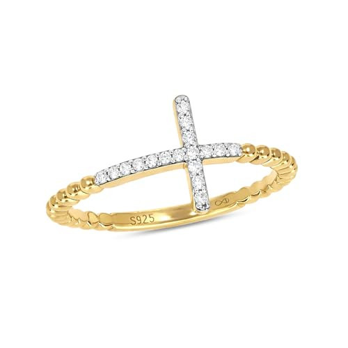 1/10cttw Diamond Cross Ring for Women, Cross Ring with Beaded Style Detail in 18k Yellow Gold-Plate, 18k Rose Gold-Plate or 925 Sterling Silver, Women's Horizontal Cross with Round White Diamonds | Amazon (US)