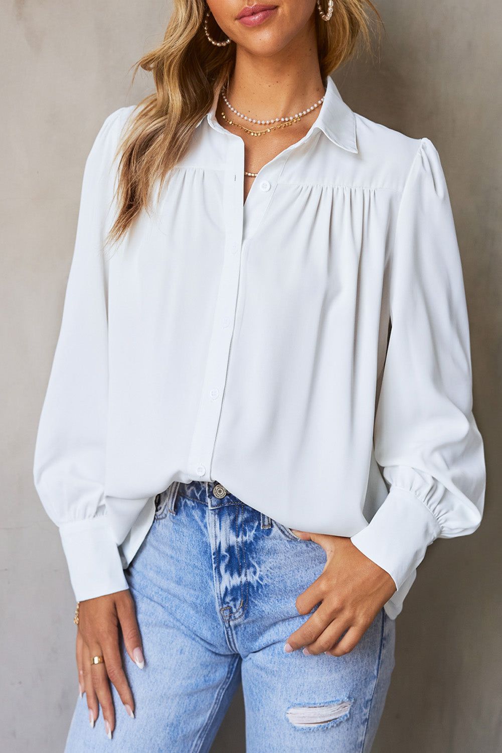 White Solid Color Button Up Puff Sleeve Shirts | Evaless
