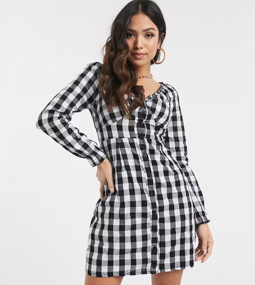 Missguided Petite off shoulder milk maid dress in gingham-Multi | ASOS (Global)