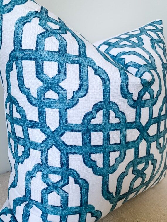 Imperial Seaside Blue White Lattice Trellis Pillow Cover, Geometric Decorative Accent Throw Pillo... | Etsy (US)
