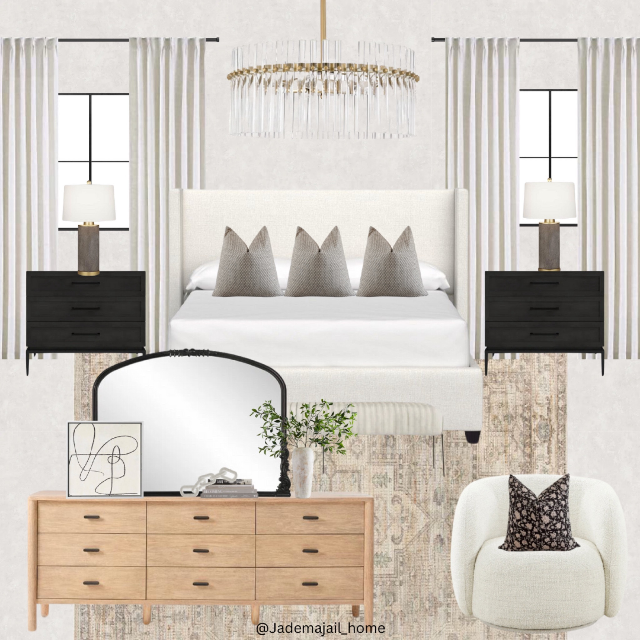 This modern bedroom would be such an oasis 😍

Primary bedroom design, home mood board, pottery barn home, oak dresser, modern mirror, wall art, plants, accent chair, throw pillow, black night stands, king bed, bedding, light fixture, pendant, lamp, curtains, area rug, mood board, interior design, modern transitional home, vintage style 

#LTKhome #LTKsalealert #LTKfamily