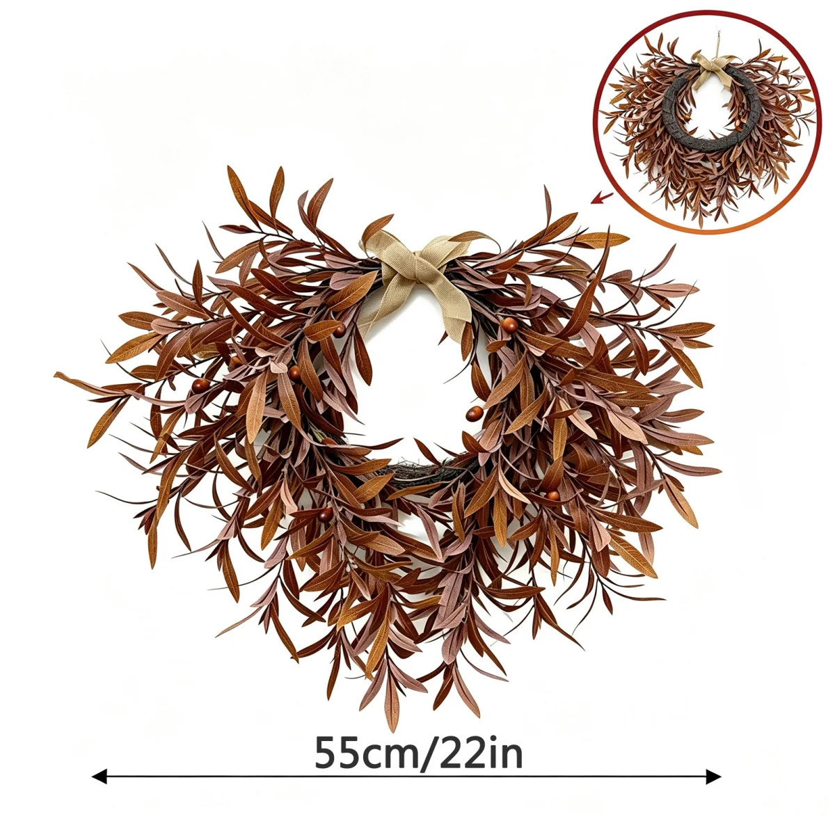 22 Inch Artificial Fall Olive Branch Wreath with Berries & Linen Bow, Rustic Farmhouse Autumn Fro... | Wayfair North America