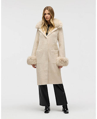 Women's Longline Elegant Coatigan with Detachable Fur Collar and Cuffs | Macy's