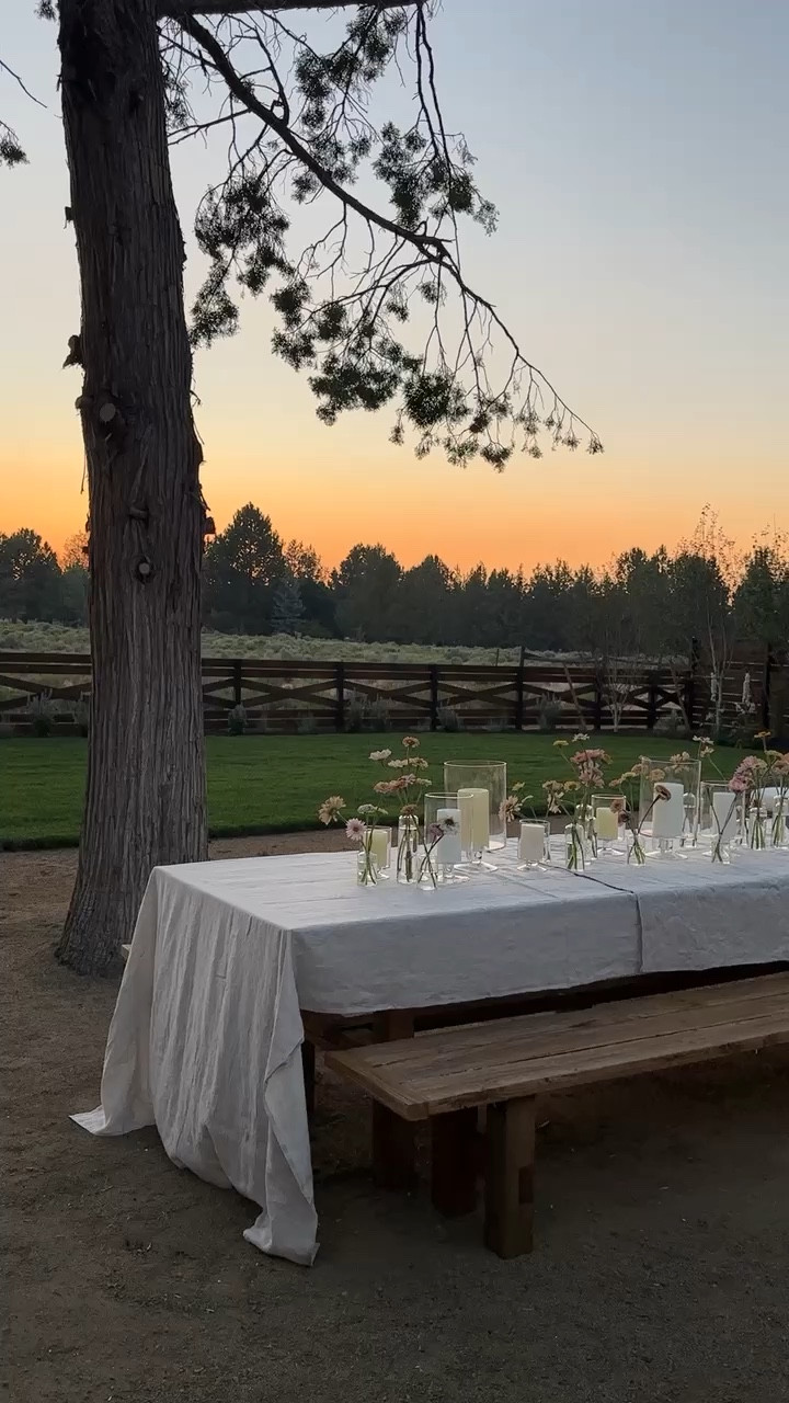 Setting our outdoor picnic table for the first time! You can find us out here until further notice. Such a dreamy and simple tablescape. I love the rustic elegance of the linen and bud vases + hurricanes. 

#LTKVideo #LTKSeasonal #LTKHome