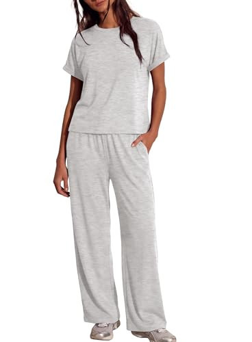 Darong Womens 2 Piece Outfits Casual Short Sleeve Lounge Set Summer Tracksuits Matching Sets Beach Fashion Travel Clothes 9250A White Grey S | Amazon (US)