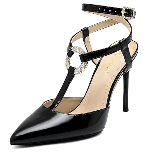 SEKAYISORE Black Heels for Women Closed Pointed Toe Rhinestone Slingback Kitten Heeled Sandals Ankle Strap Strappy Wedding Dress Bridal Women Pumps Shoes Patent leather Party Size 9 | Amazon (US)