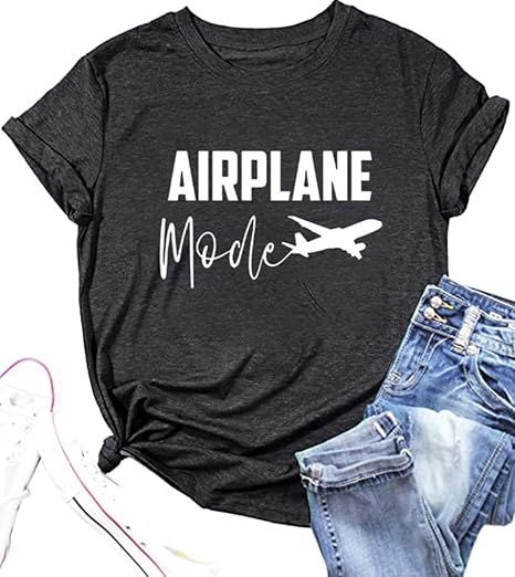 Women Airplane Mode Shirt Funny Letter Print Travel Tee Cute Graphic Summer Casual Short Sleeve T... | Amazon (US)