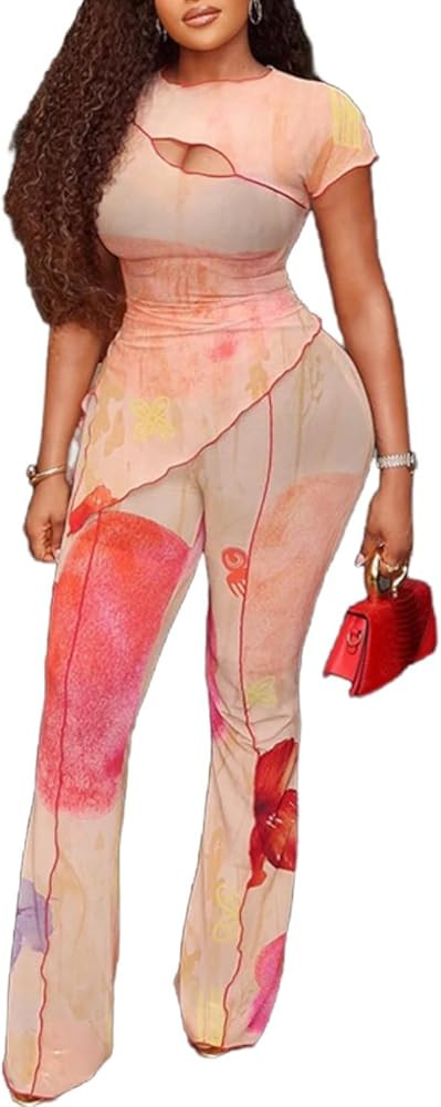Womens Two Piece Outfits Short Sleeve Cutout Irregular Top Flare Pants Set Bodycon Going Out Outf... | Amazon (US)