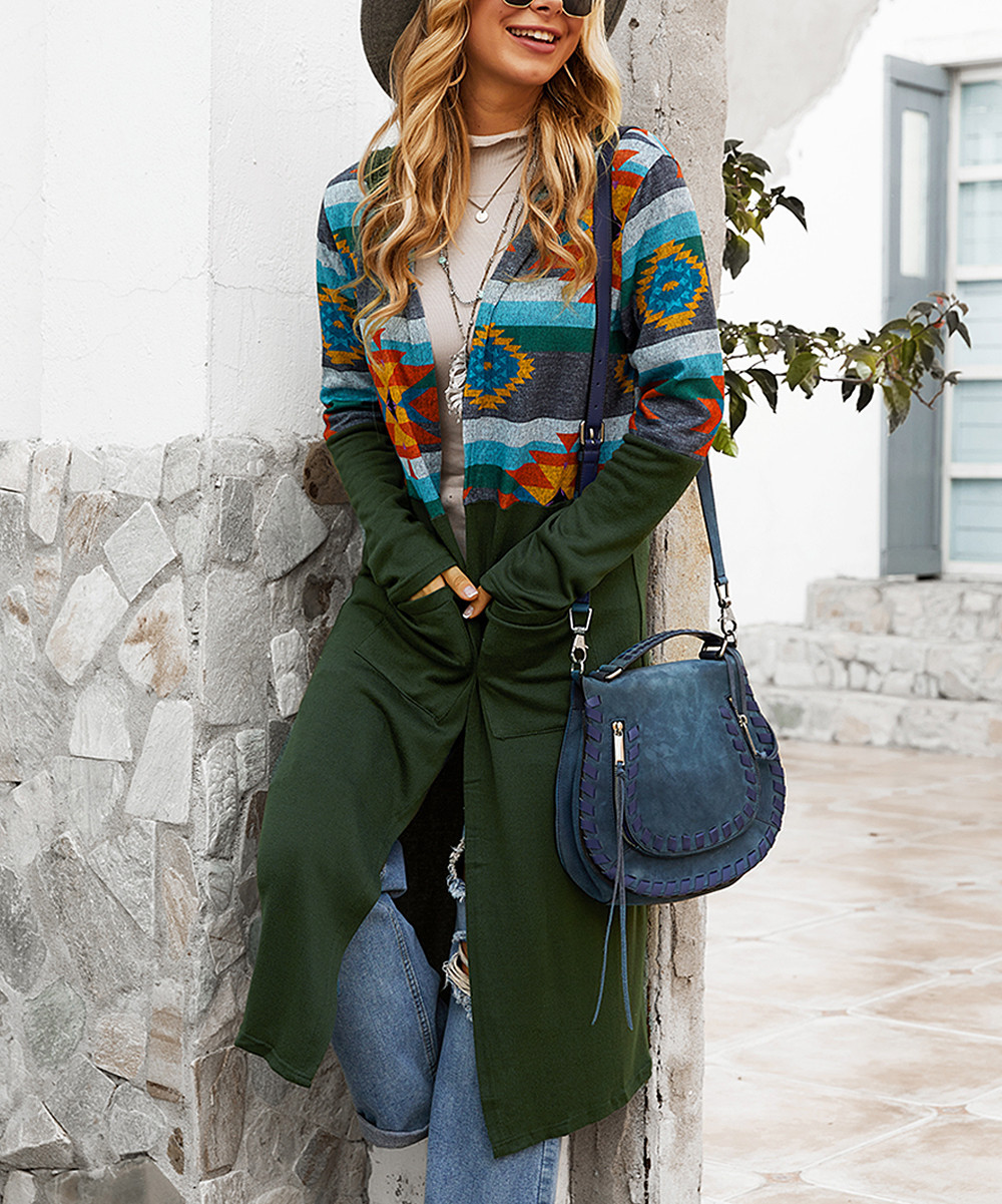 Gaovot Women's Open Cardigans olive - Olive Green Geometric Pocket Duster - Women | Zulily