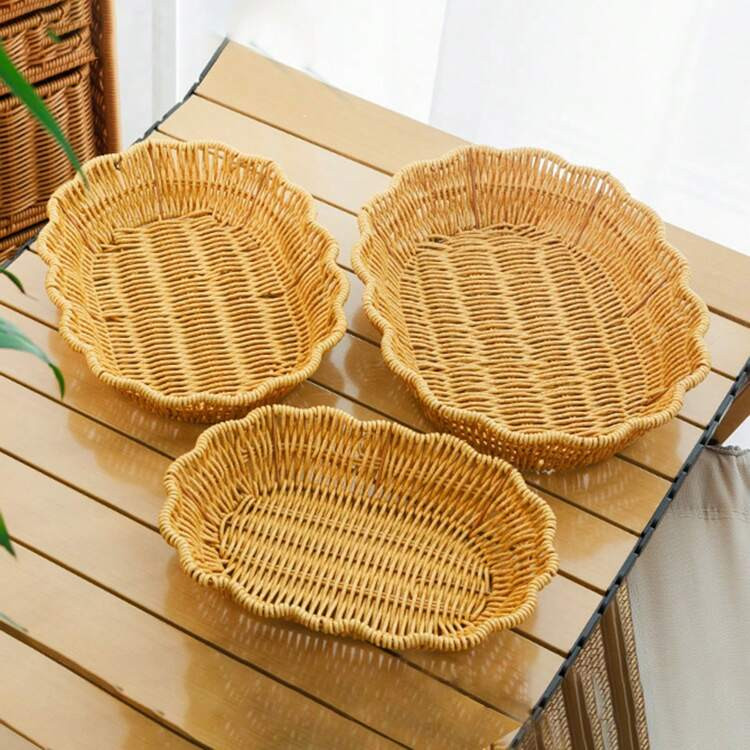 3pcs/1pc Handmade Woven Rattan-Look Tray, Rattan-Look Fruit Basket Snack Food Platter Storage Tray, Snack Plate, Woven Oval Shallow Plate, Outdoor Picnic Plate, Reusable Tableware For Breakfast, Beverage, Coffee, Home Decor & Organization Christmas Gift | SHEIN